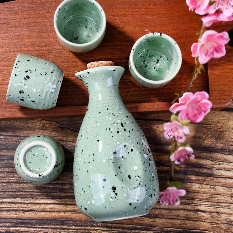LMRLCS Large Sake 5-Piece Set, Durable Japanese Sake Ceramic Set Featuring 1 Sake Bottle and 4 Sake Cups (Large Green) - Image 2