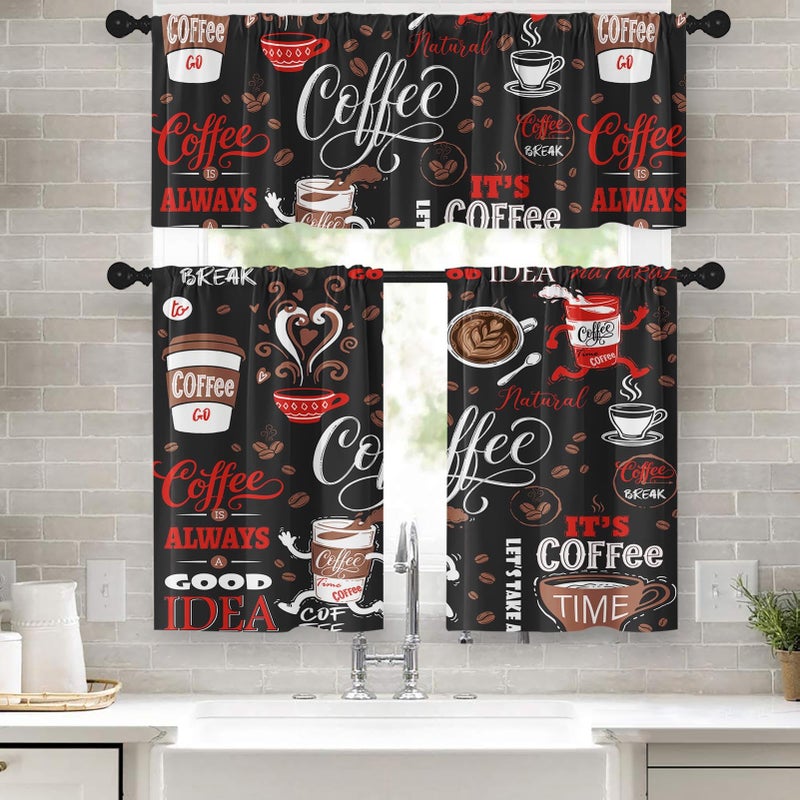Tayney Coffee Kitchen Window Curtains Valance and Tier Set, Black Red Cute Rod Pocket Short Tier Curtain, Retro Brown White Doodle Small Cafe Drapes for Kitchen Decor 52" x 24" - Image 1