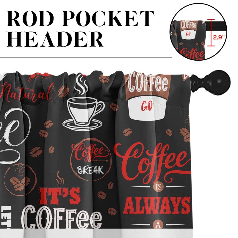 Tayney Coffee Kitchen Window Curtains Valance and Tier Set, Black Red Cute Rod Pocket Short Tier Curtain, Retro Brown White Doodle Small Cafe Drapes for Kitchen Decor 52" x 24" - Image 4
