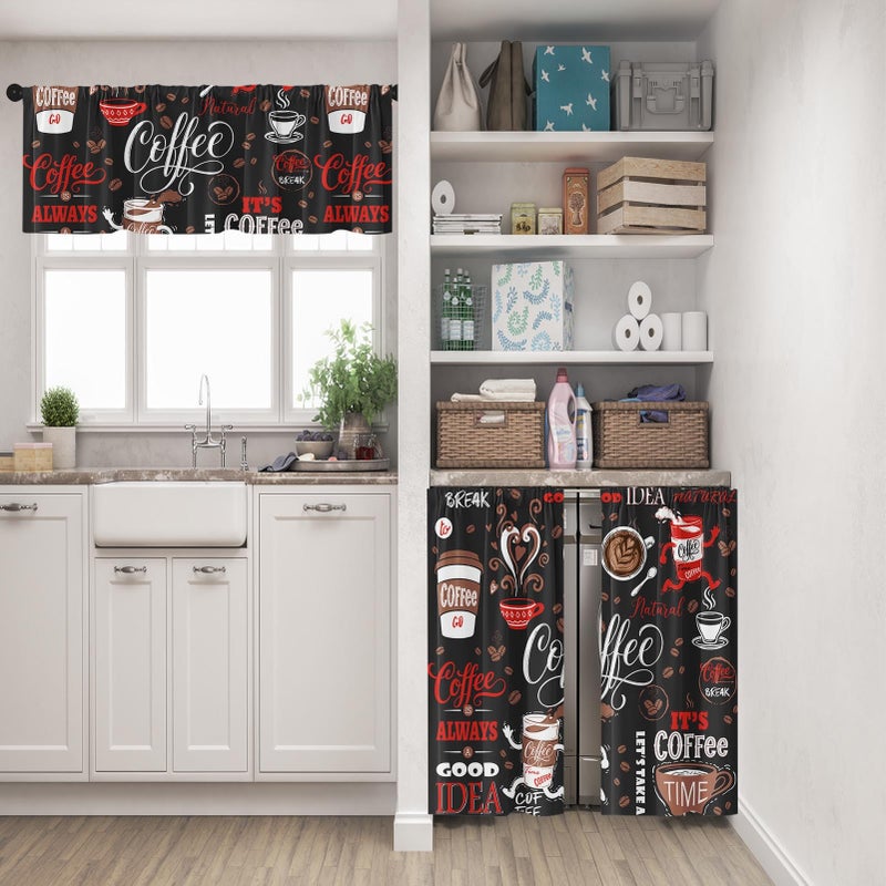 Tayney Coffee Kitchen Window Curtains Valance and Tier Set, Black Red Cute Rod Pocket Short Tier Curtain, Retro Brown White Doodle Small Cafe Drapes for Kitchen Decor 52" x 24" - Image 2