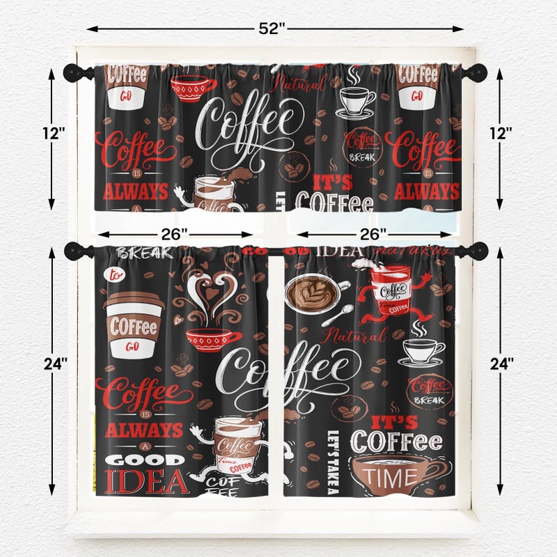 Tayney Coffee Kitchen Window Curtains Valance and Tier Set, Black Red Cute Rod Pocket Short Tier Curtain, Retro Brown White Doodle Small Cafe Drapes for Kitchen Decor 52" x 24" - Image 3