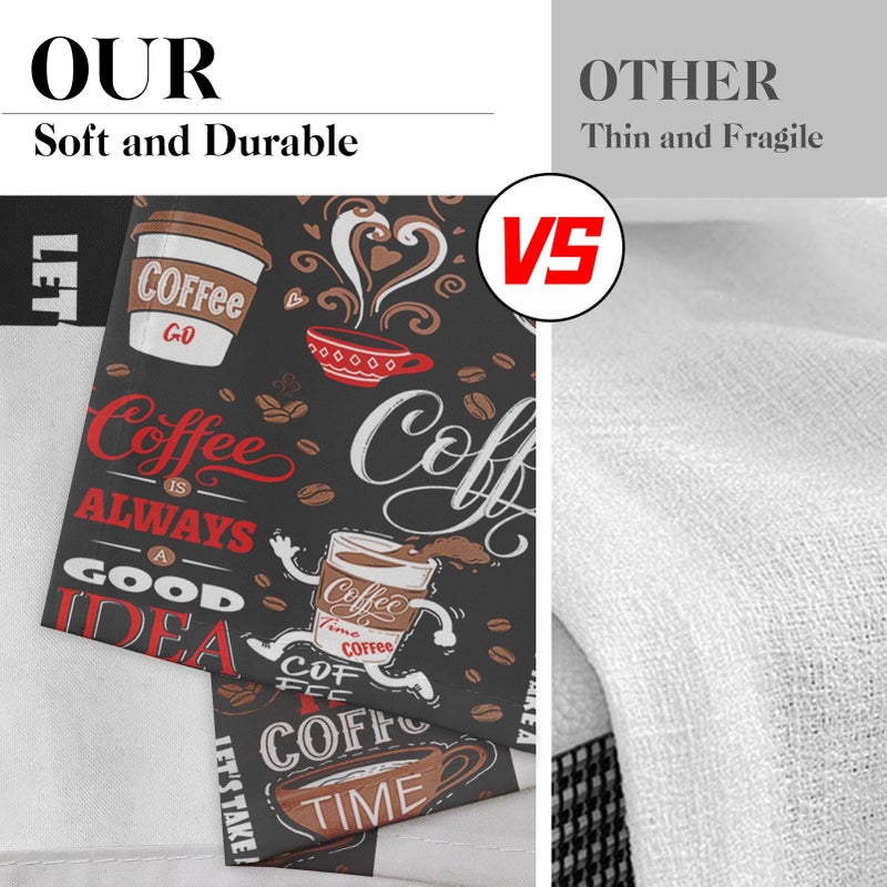 Tayney Coffee Kitchen Window Curtains Valance and Tier Set, Black Red Cute Rod Pocket Short Tier Curtain, Retro Brown White Doodle Small Cafe Drapes for Kitchen Decor 52" x 24" - Image 5