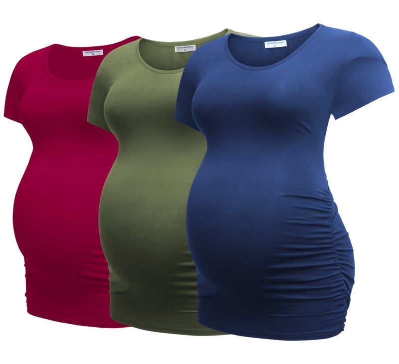 Bearsland Womens Maternity Tshirt 3 Packs Classic Side Ruched Tee Top Mama Pregnancy Clothes,red+Blue+ArmyGreen,M