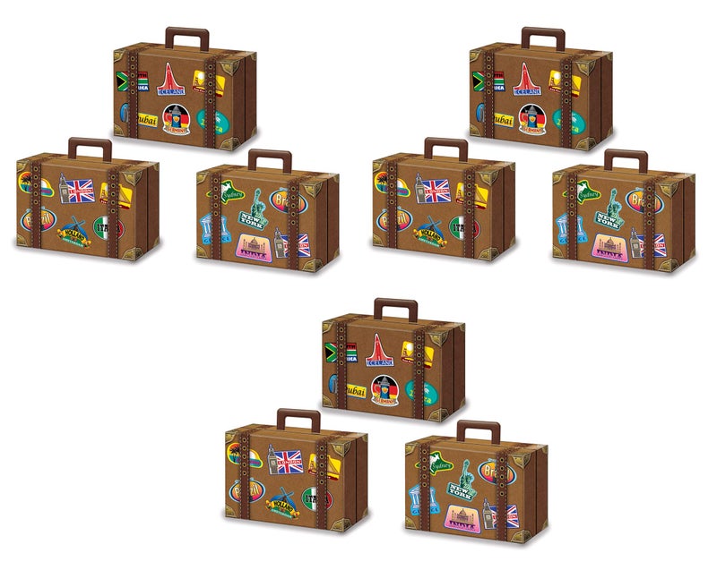 Beistle Pack of 9 Luggage Favor Boxes in Brown World Traveler Suitcase Birthday Party Accessories Around the World Party Supplies 4 x 55 - Image 2