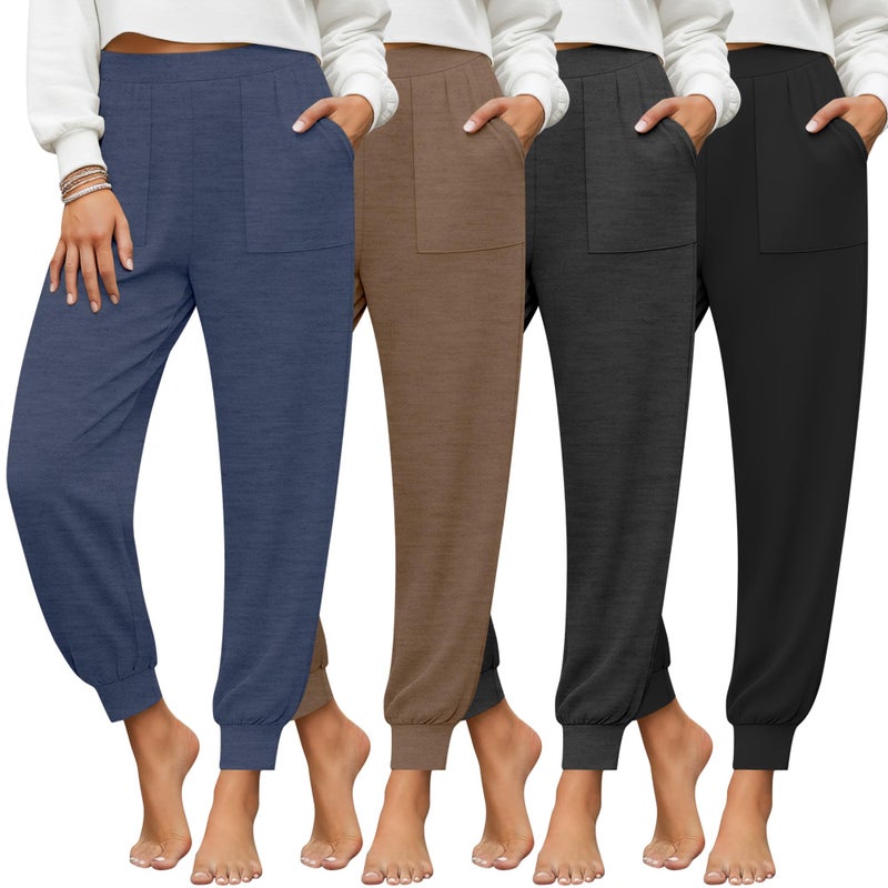 Yearntown 4 Pack Women's Yoga Joggers, Cozy Lounge Pants with Pockets Loose Casual Gym Athletic Sweatpants Comfy Cuffed Pants(Black, Dark Gray, Dark Khaki, Haze Blue,Small) - Image 1