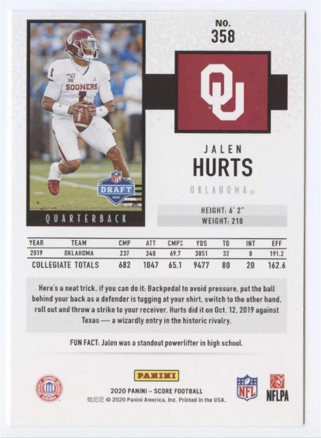 SCORE 2020 Score #358 Jalen Hurts Oklahoma Sooners NFL Football Card (RC - Rookie Card) NM-MT - Image 2