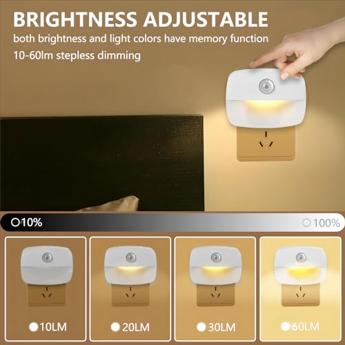 Sossi Motion Sensor Night Light Plug in 4 Pack,10-60Lm Stepless Dimming,3 Light Modes with Memory, Smart Night Lights Plug Into Wall Sensor,Dusk to Dawn Sensor for Bedroom,Toilet,Hallway,Kitchen - Image 5
