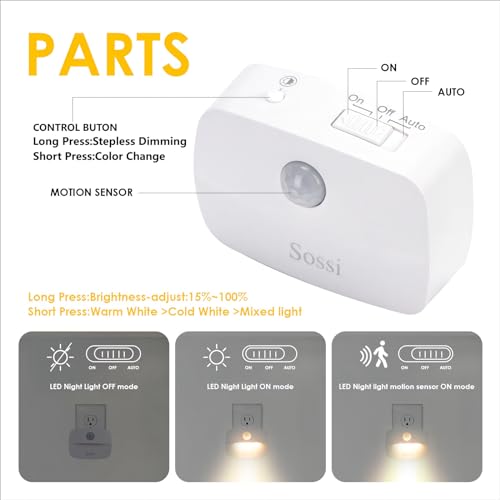 Sossi Motion Sensor Night Light Plug in 4 Pack,10-60Lm Stepless Dimming,3 Light Modes with Memory, Smart Night Lights Plug Into Wall Sensor,Dusk to Dawn Sensor for Bedroom,Toilet,Hallway,Kitchen - Image 4