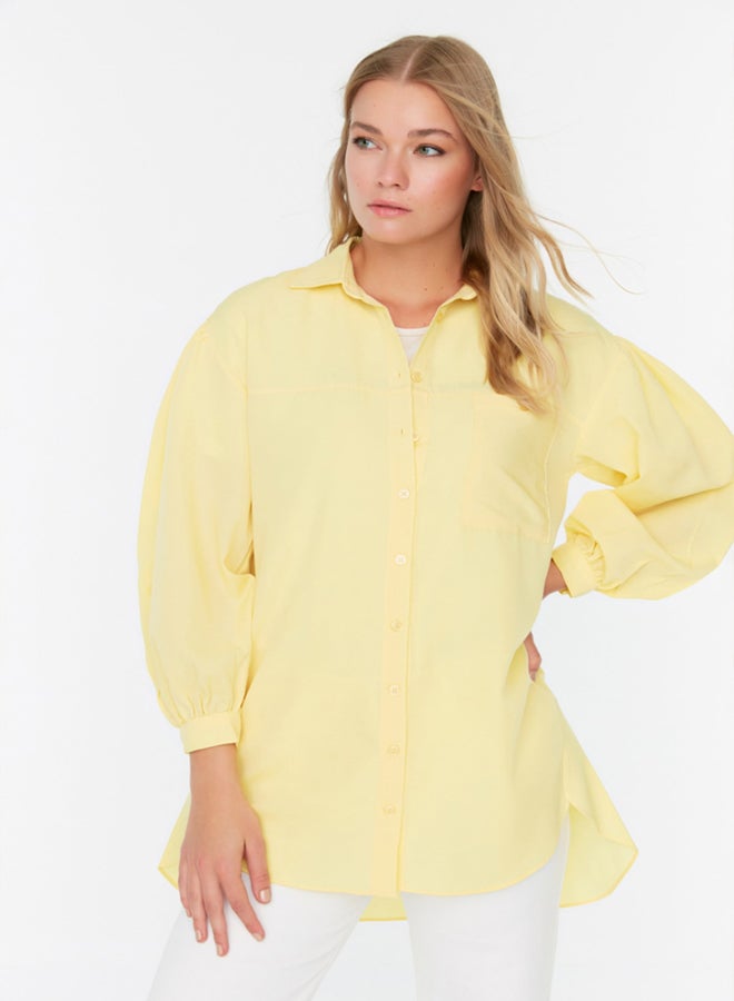 Yellow Balloon Back Sleeve Long Pocket Detail Basic Woven Shirt TCTSS21GO0976