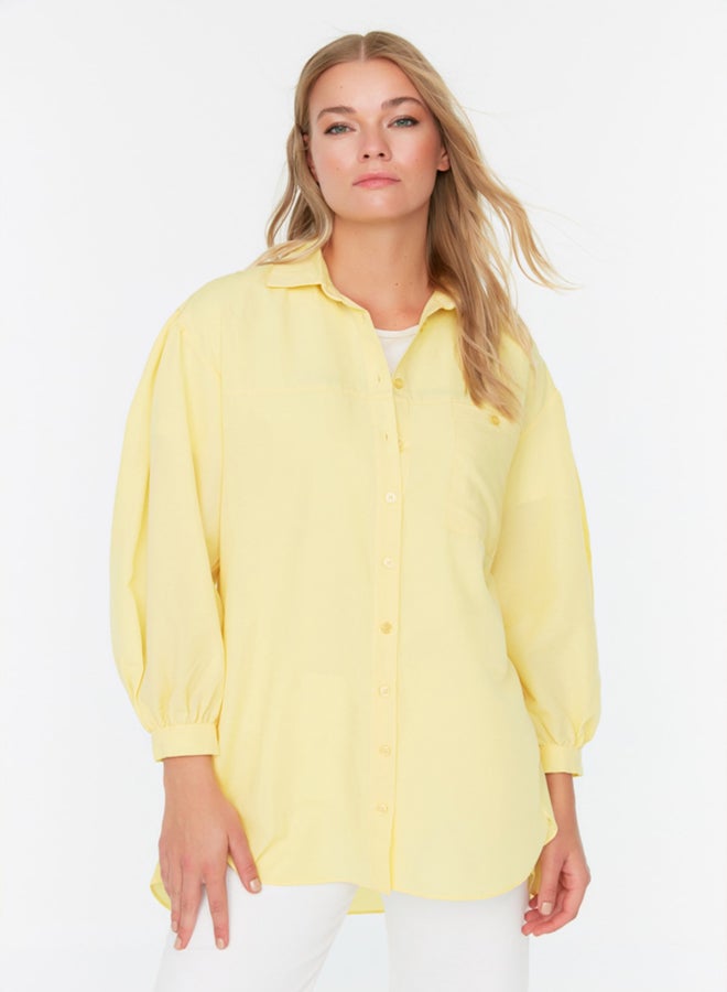 Yellow Balloon Back Sleeve Long Pocket Detail Basic Woven Shirt TCTSS21GO0976