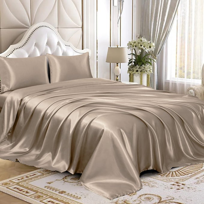4PCS SATIN SHEETS SET LUXURY SILKY SATIN BEDDING SET WITH DEEP POCKET 1 FITTED SHEET 1 FLAT SHEET 2 PILLOWCASES CAL KING SIZE TAUPE