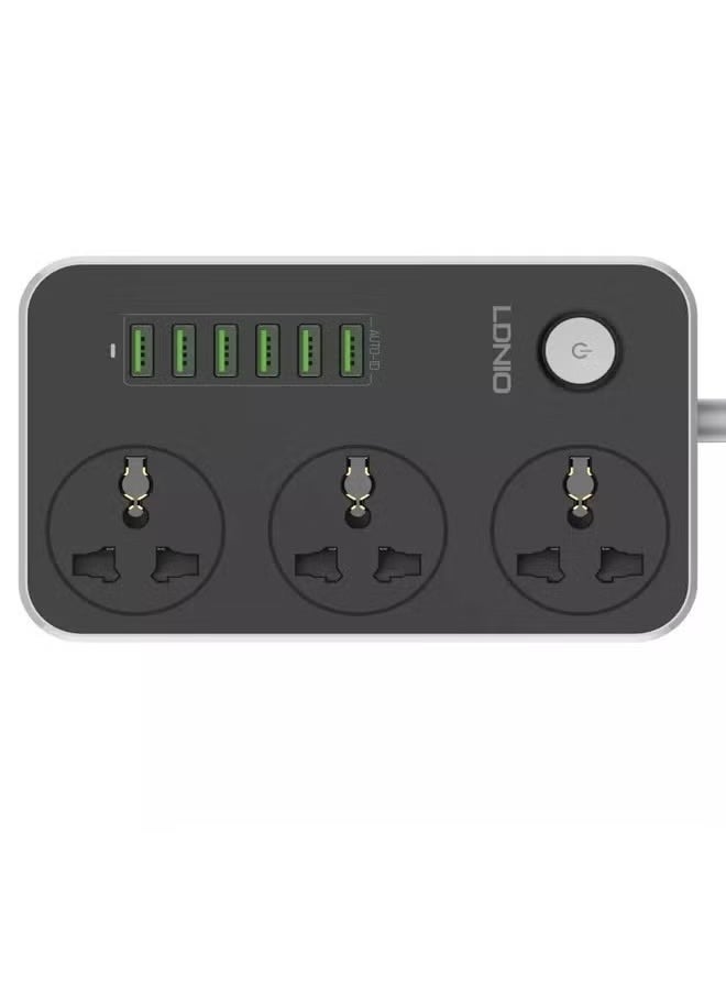 3 Power Socket with 6 USB Extension Charging Station – Black/Grey Multi-Port Power Strip with Surge Protection – Fast Charging USB Ports for Smartphones, Tablets, Laptops – Compact & Durable Power Hub Perfect for Home and Office Use - Image 1
