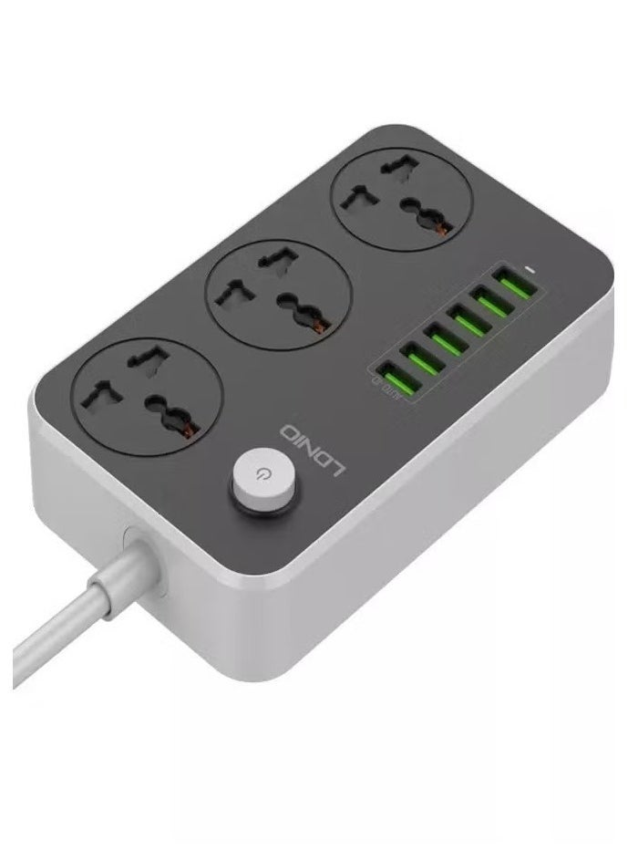 3 Power Socket with 6 USB Extension Charging Station – Black/Grey Multi-Port Power Strip with Surge Protection – Fast Charging USB Ports for Smartphones, Tablets, Laptops – Compact & Durable Power Hub Perfect for Home and Office Use - Image 2