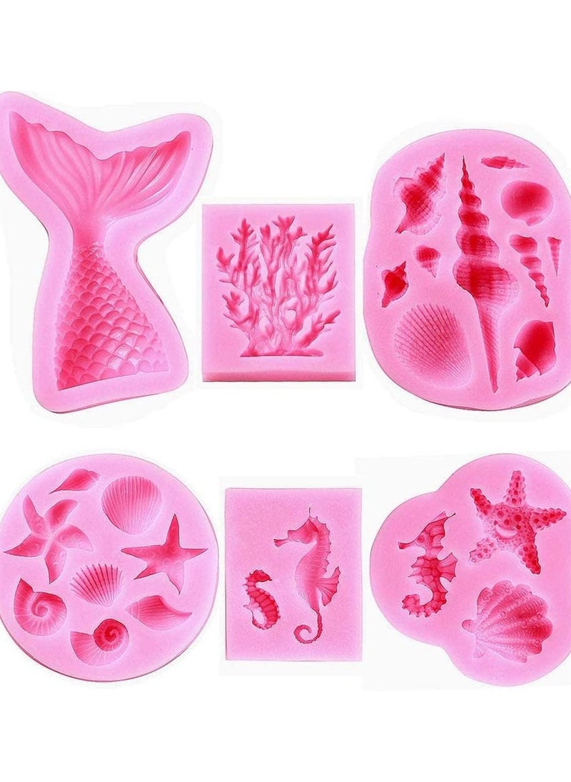 6 Pcs Marine Theme Fondant Silicone Mold Seashell Sea Life Chocolate/Fondant/Candy Baking For Cake Decor DIY Handmade Tools for Mermaid Decoration  - Image 1