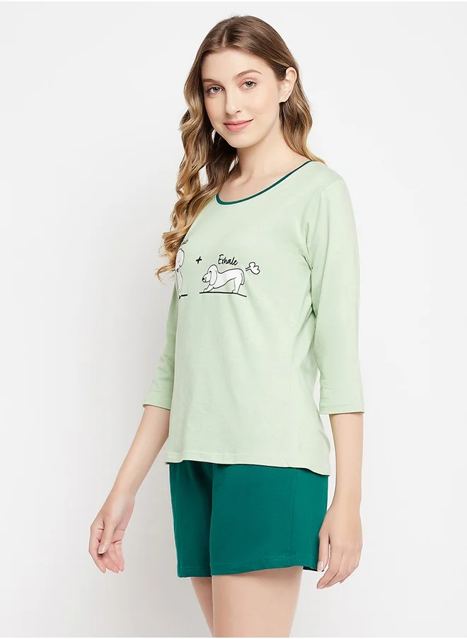 Clovia Clovia Graphic & Text Print Top in Mint Green and Chic Basic Shorts in Teal Green - 100% Cotton