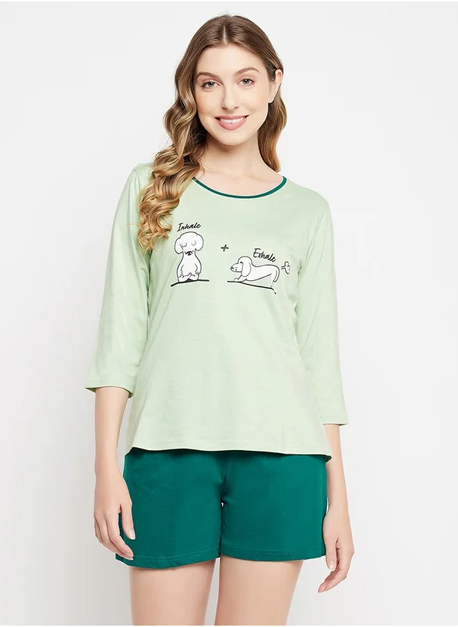 Clovia Clovia Graphic & Text Print Top in Mint Green and Chic Basic Shorts in Teal Green - 100% Cotton