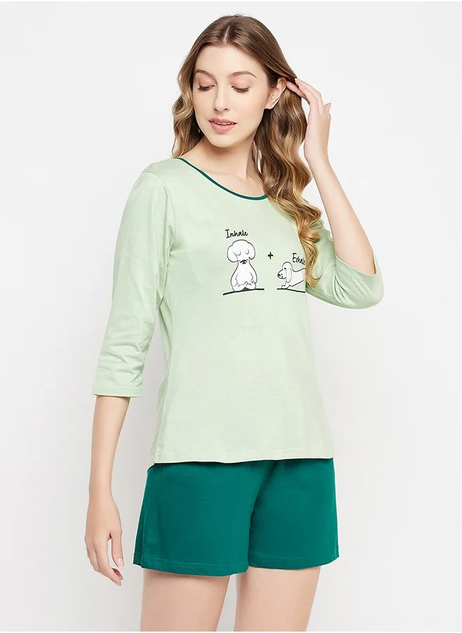 Clovia Clovia Graphic & Text Print Top in Mint Green and Chic Basic Shorts in Teal Green - 100% Cotton