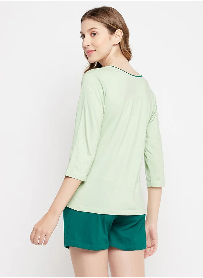 Clovia Clovia Graphic & Text Print Top in Mint Green and Chic Basic Shorts in Teal Green - 100% Cotton