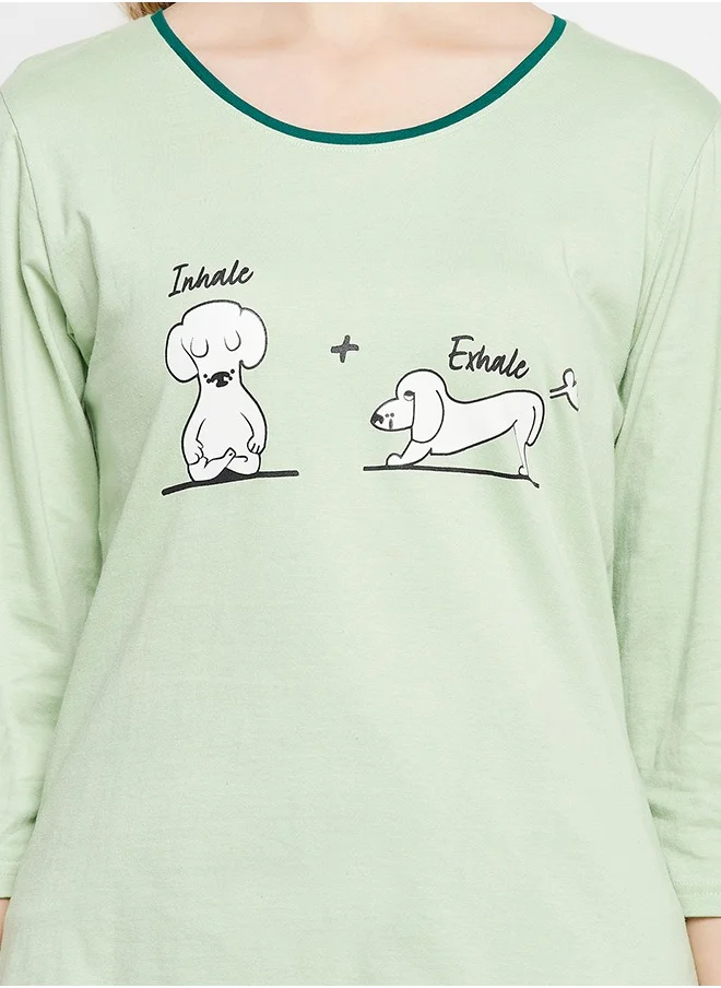 Clovia Clovia Graphic & Text Print Top in Mint Green and Chic Basic Shorts in Teal Green - 100% Cotton
