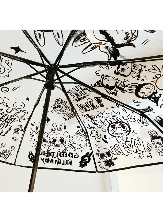 LABUBU Cartoon Cloth Pattern Transparent Automatic Umbrella Trifold Umbrella Folding Umbrella Children's Umbrella Unisex - Image 2