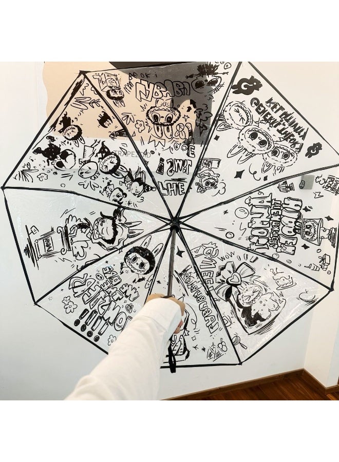 LABUBU Cartoon Cloth Pattern Transparent Automatic Umbrella Trifold Umbrella Folding Umbrella Children's Umbrella Unisex - Image 1