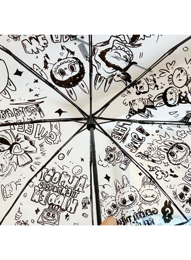 LABUBU Cartoon Cloth Pattern Transparent Automatic Umbrella Trifold Umbrella Folding Umbrella Children's Umbrella Unisex - Image 3