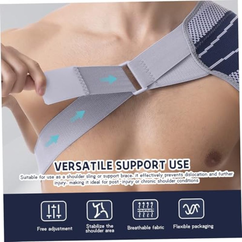 Shoulder Brace: S/M Blue Gray Adjustable Compression - Breathable Moisture-Wicking Fabric Rotator Cuff Brace for Active Recovery Post-Injury Rehabilitation Gym Home Work - Image 2