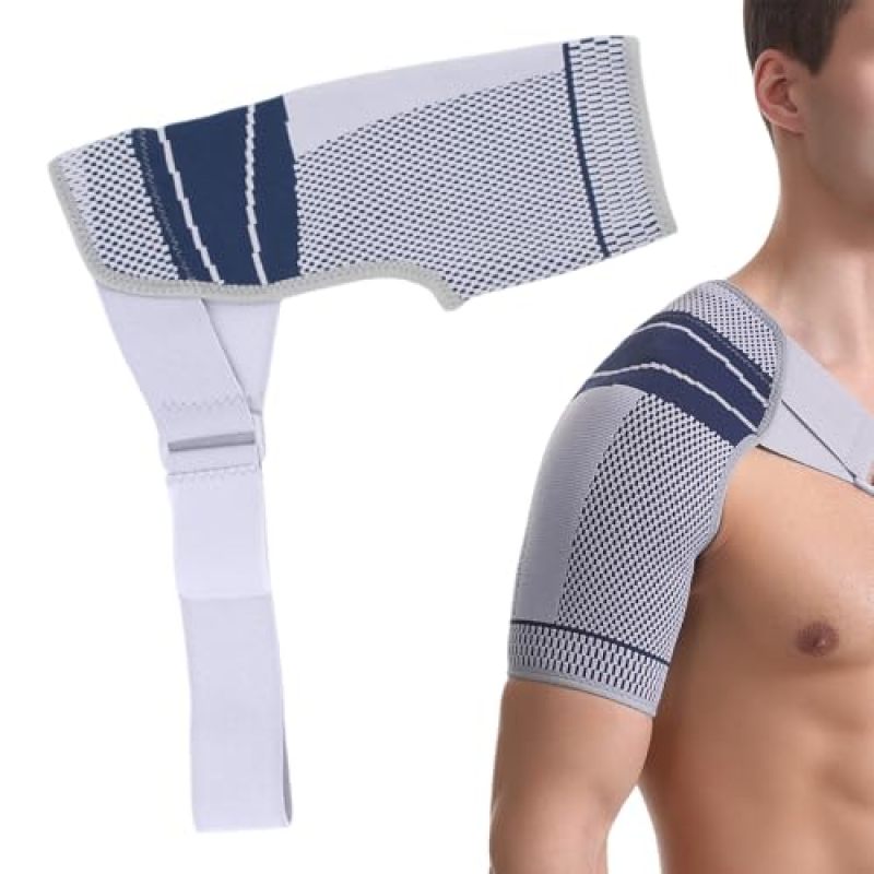 Shoulder Brace: S/M Blue Gray Adjustable Compression - Breathable Moisture-Wicking Fabric Rotator Cuff Brace for Active Recovery Post-Injury Rehabilitation Gym Home Work - Image 1