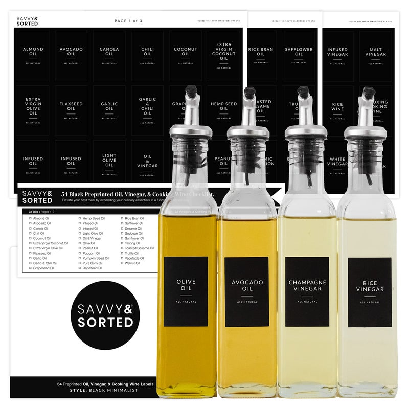 Black Oil Bottle Labels 54 Preprinted Pantry Stickers for Oils and Vinegar Dispenser Glass Bottles Condiment Jars Waterproof Removable Kitchen Organization