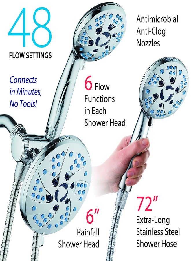 Hotel Spa AquaCare Spa Station High Pressure 48-mode 3-way Rainfall & Handheld Shower Head Combo - Anti-Clog Nozzles, Extra-Long 6 ft Stainless Steel Hose, 2nd Wall Bracket/All Chrome Finish - Image 2