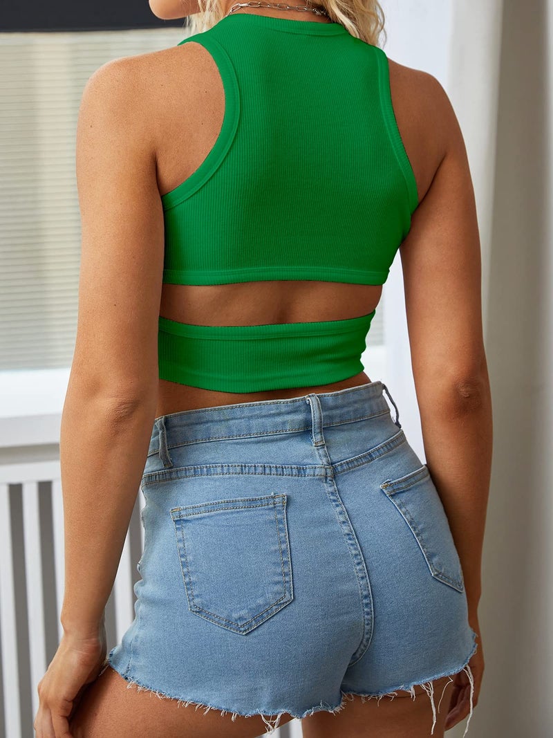Dwnval Womens Summer Halter Cutout Tops Sleeveless Crewneck Racerback Ribbed Knitted Crop Tank Top(Green,S) - Image 2