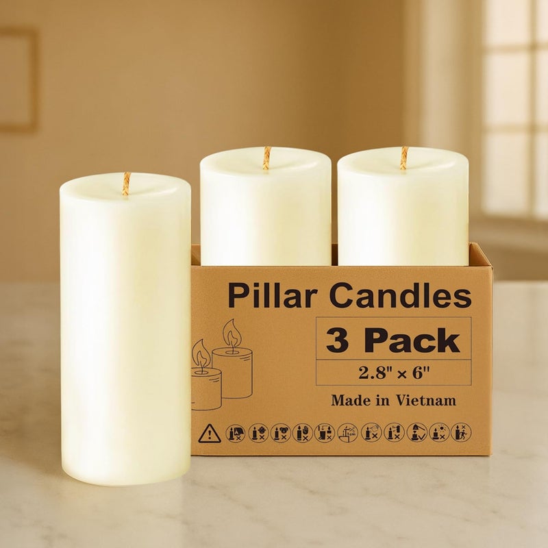 Ashlux Ivory Pillar Candles Set of 3 70 Hour Long Burning Unscented and Dripless Pillar Candles Bulk Large 3x6 inch for Christmas Lights Wedding PartiesSpaDinner Table Home Decor