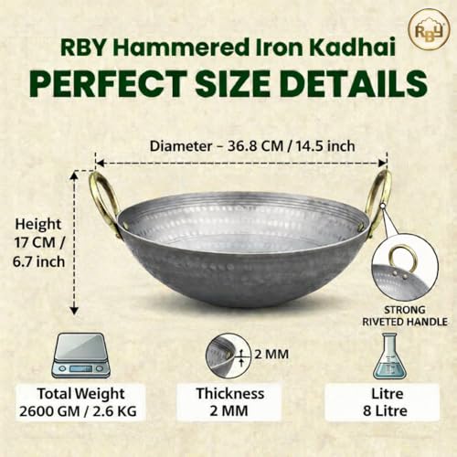 RBY 8 Litre (14.6 Inch / 37 CM) Hammered Food Grade Iron Kadai Lohe Ki Kadhai for Frying Cooking Heavy Base Smooth Edge Metal Spoon Friendly Deep Frying Pan Riveted Handle Gas & Induction Compatible - Image 2