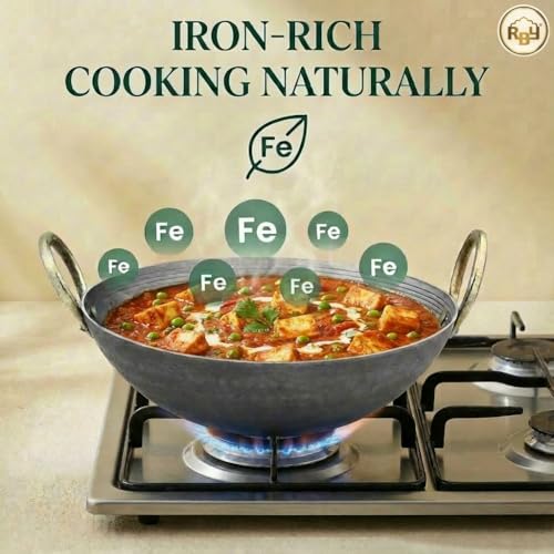 RBY 8 Litre (14.6 Inch / 37 CM) Hammered Food Grade Iron Kadai Lohe Ki Kadhai for Frying Cooking Heavy Base Smooth Edge Metal Spoon Friendly Deep Frying Pan Riveted Handle Gas & Induction Compatible - Image 4
