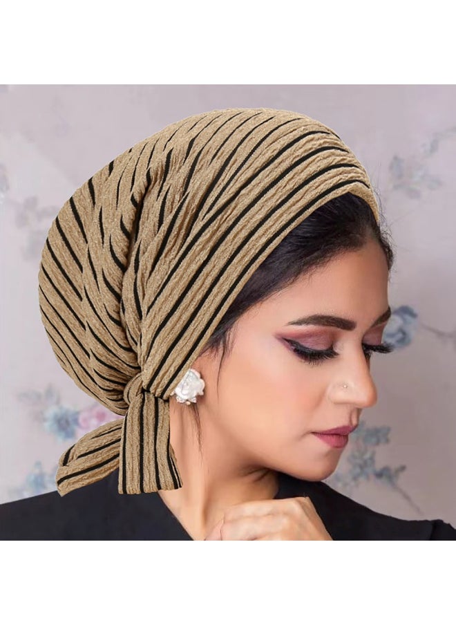 Laravel Striped Muslim long-tail elegant fashion Muslim Elastic turban hat chemotherapy hat Islamic Arab Hijab Undercap Elastic Headscarf Hat Ramadan Gift Holiday Gift Box - Khaki Striped  - Image 1
