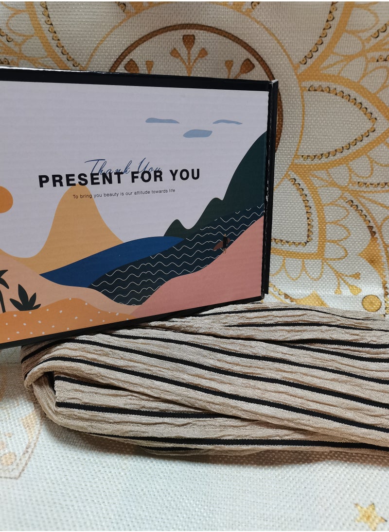 Laravel Striped Muslim long-tail elegant fashion Muslim Elastic turban hat chemotherapy hat Islamic Arab Hijab Undercap Elastic Headscarf Hat Ramadan Gift Holiday Gift Box - Khaki Striped  - Image 3