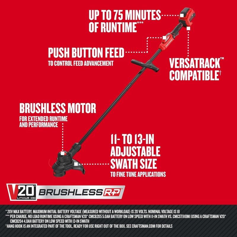 CRAFTSMAN CRAFTSMAN V20 RP Cordless String Trimmer Brushless 50Ah Battery  Charger Included CMCST930P1  - Image 2