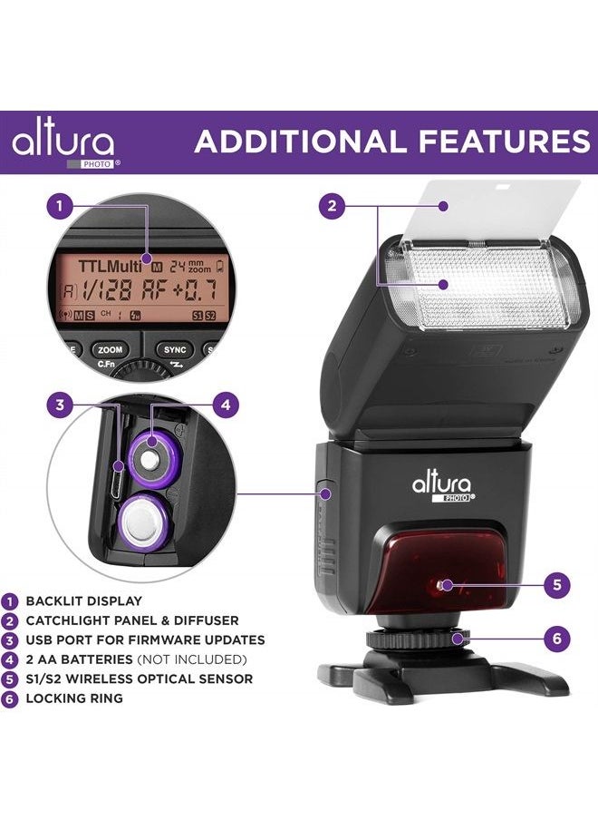 Altura Photo AP-305C Canon Flash Light with Manual Trigger - Camera Flash for Canon R, RP, 90D, 80D, 70D, SL2, T7I, T6, T6I, 5D, 6D, 7D, M6, M50, 2.4GHz TTL Speedlite for DSLR and Mirrorless Cameras  - Image 2
