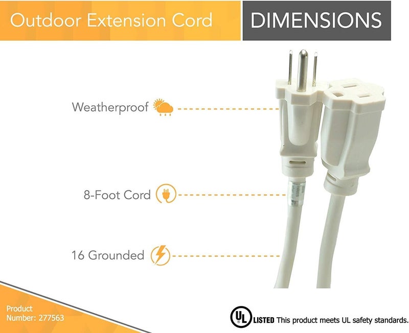 Woods Woods 277563 Outdoor Extension Power Block Weatherproof with Reinforced Blades Heavy Duty Vinyl Jacket Durable Cord Tangle Free 8Foot White  - Image 2
