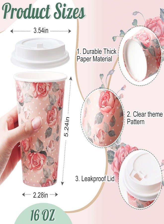 Jingmore 50 Sets 16oz Floral Disposable Coffee Cups with Lids and Sleeves Vintage Spring Floral Paper Cups, Thick and Leak-proof Hot Drinking Cup for Tea Party, Wedding, Bridal Shower(Rose) - Image 2