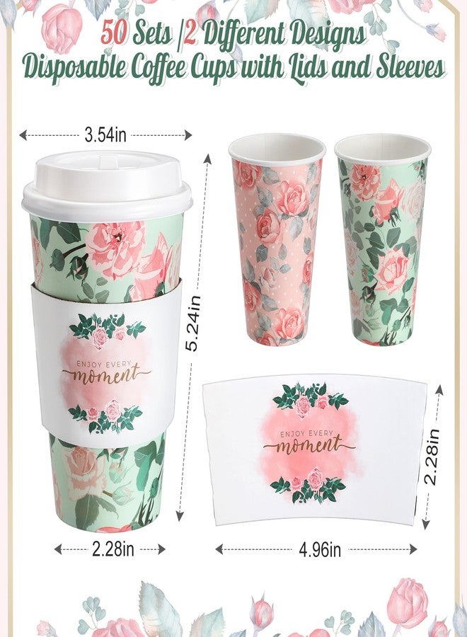 Jingmore 50 Sets 16oz Floral Disposable Coffee Cups with Lids and Sleeves Vintage Spring Floral Paper Cups, Thick and Leak-proof Hot Drinking Cup for Tea Party, Wedding, Bridal Shower(Rose) - Image 3