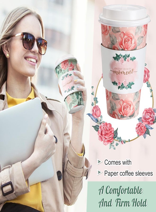Jingmore 50 Sets 16oz Floral Disposable Coffee Cups with Lids and Sleeves Vintage Spring Floral Paper Cups, Thick and Leak-proof Hot Drinking Cup for Tea Party, Wedding, Bridal Shower(Rose) - Image 4