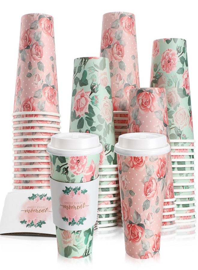 Jingmore 50 Sets 16oz Floral Disposable Coffee Cups with Lids and Sleeves Vintage Spring Floral Paper Cups, Thick and Leak-proof Hot Drinking Cup for Tea Party, Wedding, Bridal Shower(Rose) - Image 1