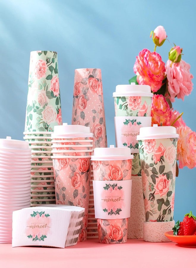 Jingmore 50 Sets 16oz Floral Disposable Coffee Cups with Lids and Sleeves Vintage Spring Floral Paper Cups, Thick and Leak-proof Hot Drinking Cup for Tea Party, Wedding, Bridal Shower(Rose) - Image 5