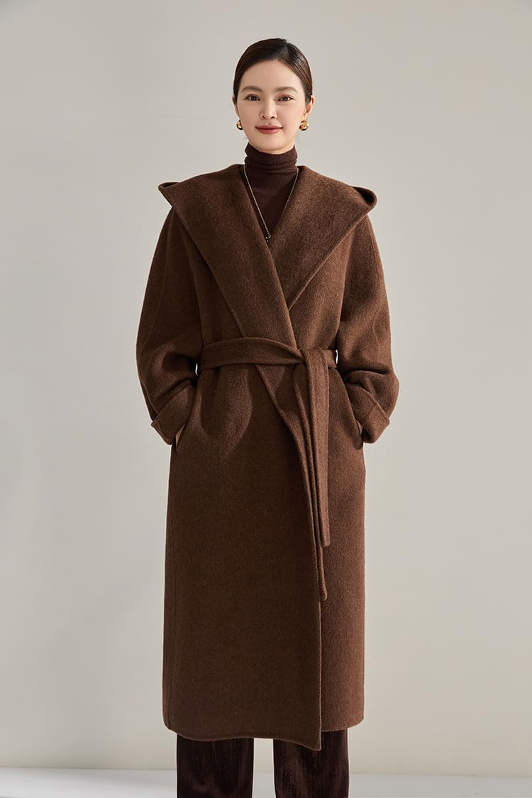 utcoco Women's Winter Belted Wool Coat Lapel Collar Pea Coat Open Front Long Wool Trench Coat with Hood (Large, Coffee) - Image 5
