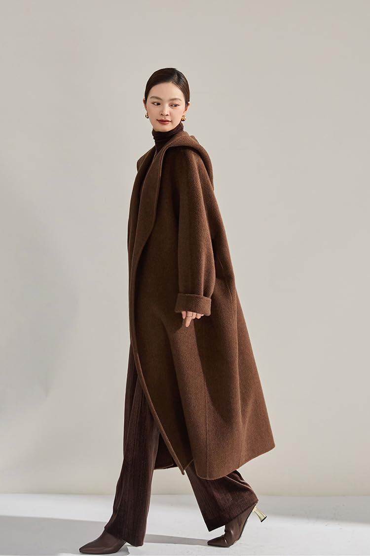 utcoco Women's Winter Belted Wool Coat Lapel Collar Pea Coat Open Front Long Wool Trench Coat with Hood (Large, Coffee) - Image 2