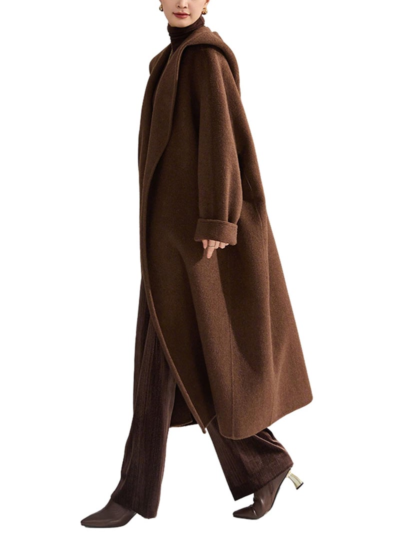 utcoco Women's Winter Belted Wool Coat Lapel Collar Pea Coat Open Front Long Wool Trench Coat with Hood (Large, Coffee) - Image 1