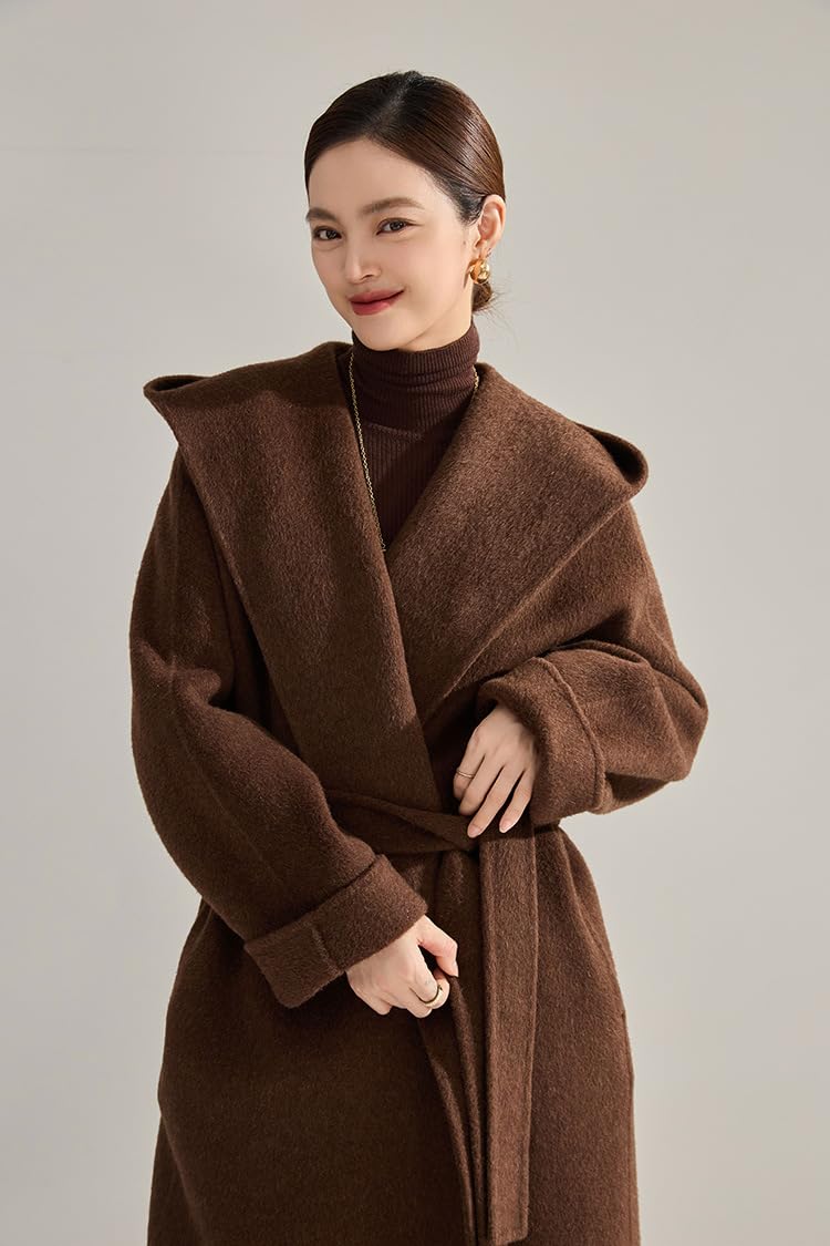 utcoco Women's Winter Belted Wool Coat Lapel Collar Pea Coat Open Front Long Wool Trench Coat with Hood (Large, Coffee) - Image 4