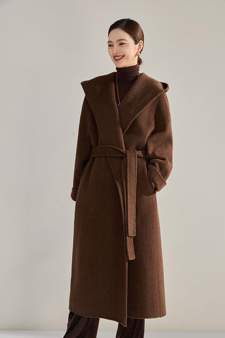 utcoco Women's Winter Belted Wool Coat Lapel Collar Pea Coat Open Front Long Wool Trench Coat with Hood (Large, Coffee) - Image 3
