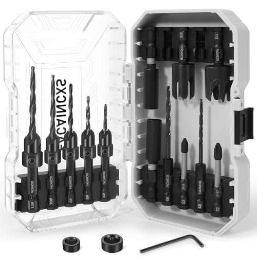 FACAINCXS Countersink Drill Bit Set for Wood, 16 PCS High Speed Steel Woodworking Tapered Drill Bits Counter Sink Drill Bit with 2PCS 1/4" Hex Shank Wood Plug Cutter Quick Change with Storage Box - Image 1